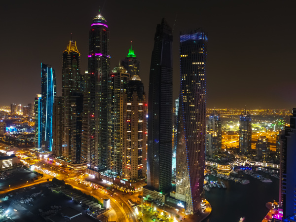 aerial view of illuminated skyscrapers at