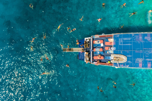 aerial view of people in ferry
