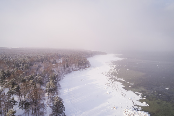 aerial view of the snowy misty