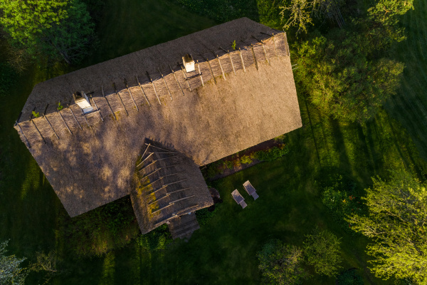 aerial view house with thatching roof