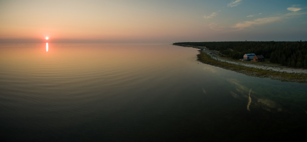 aerial view of coastline at sunset