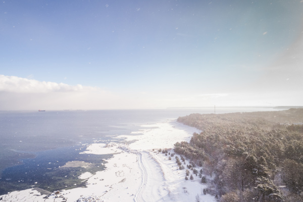 aerial view of windy snowy coast