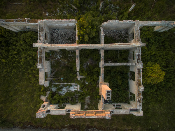 aerial view of ruins in countryside