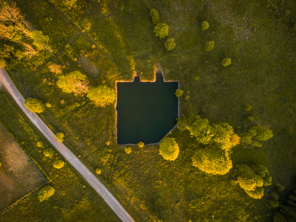 aerial view of a small lake