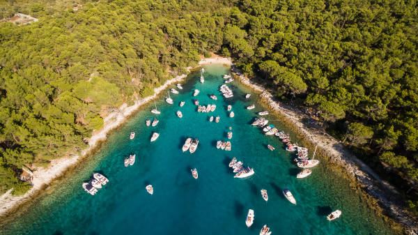 aerial view of boats anchored at