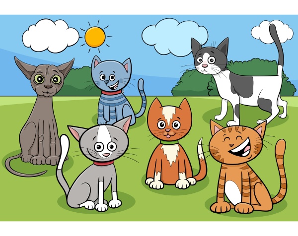 cats group in park cartoon illustration