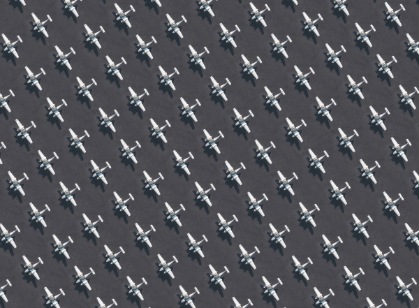 aerial view of rows of airplanes
