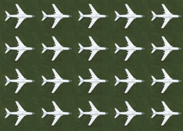 aerial view of rows of airplanes