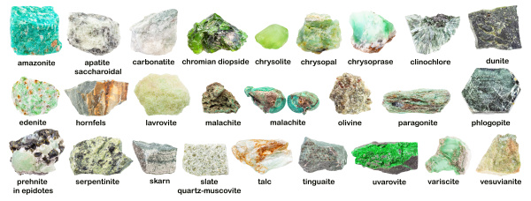 set of various green unpolished minerals