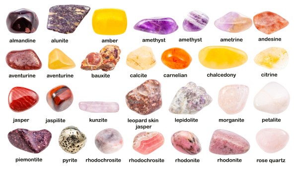 Set of Various Unpolished Pink Stones with Names Stock Photo