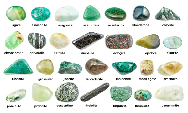 set of various green gemstones with