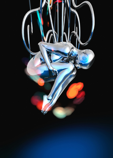 female android suspended on wires