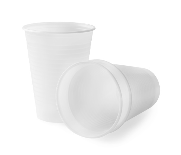 three empty plastic cups