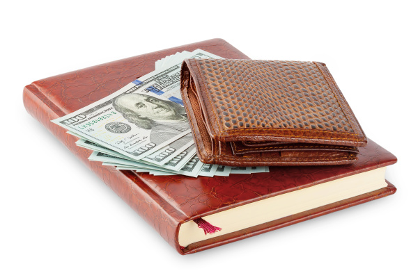 diary and brown leather wallet with