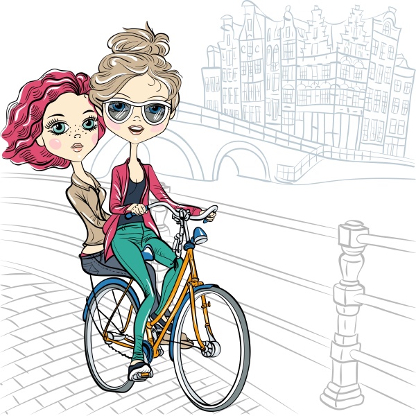 vector cute girls on the bike