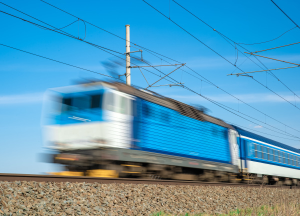 blue train powered by electricity