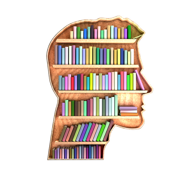 head shaped library containing books on