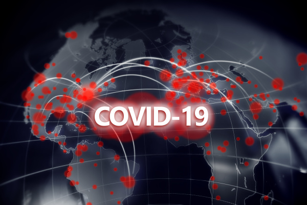 covid 19 sign against world map