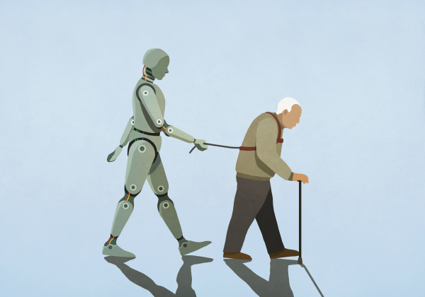 robot walking senior man on leash