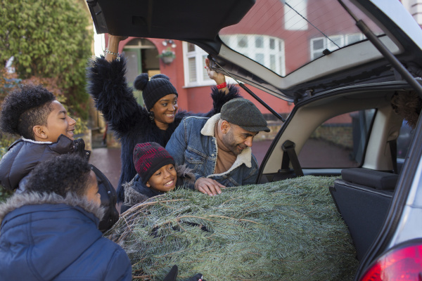 family loading christmas tree into car