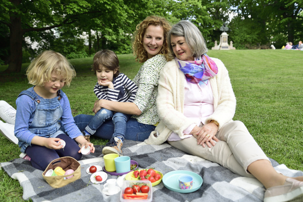 happy children enjoying picnic with mother