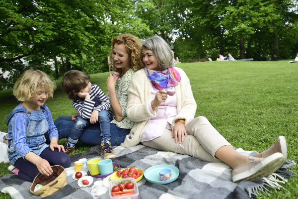 happy three generation family enjoying picnic