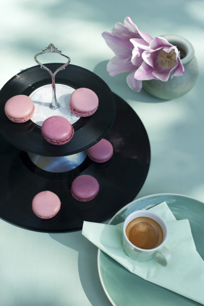macaroons on cake stand made of