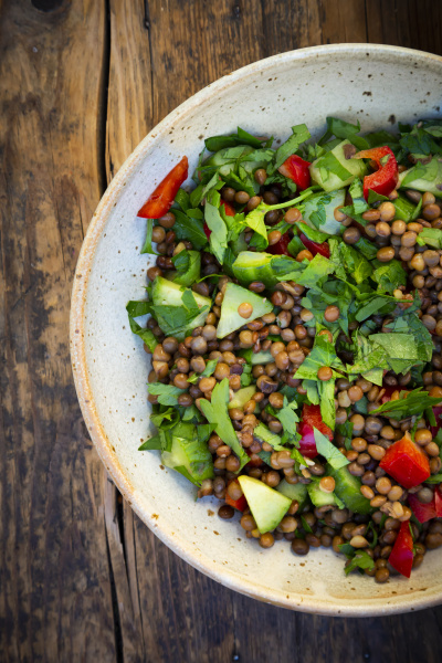 bowl of vegan lentil salad with