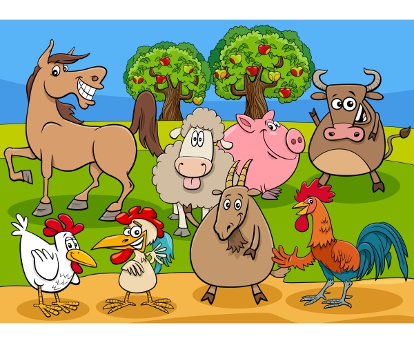 funny farm animals cartoon characters group