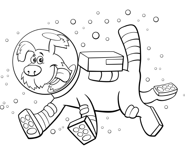 cartoon dog in space comic character coloring book page - Royalty free