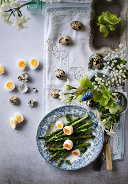 asparagus and quail eggs on easter