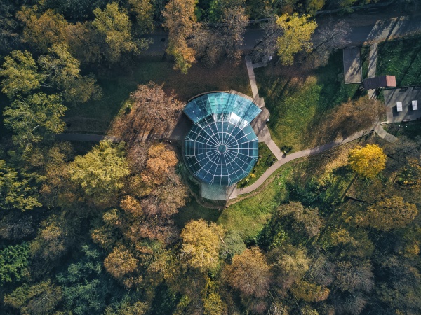 drone view of structures amidst trees
