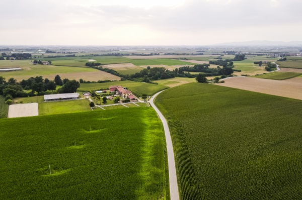 drone view of countryside fields