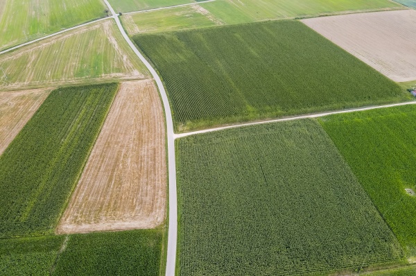 drone view of countryside fields