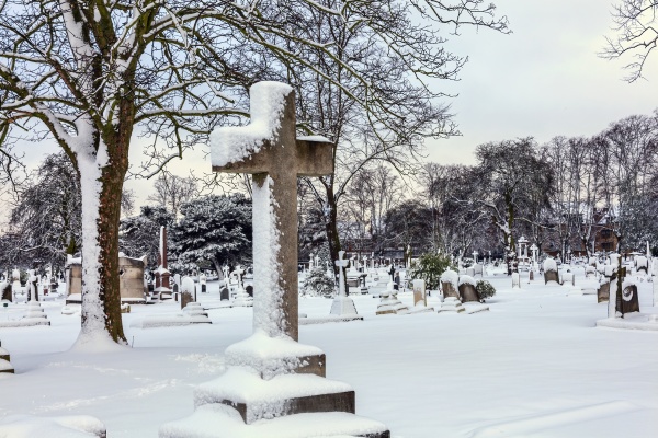 cemetery winter cityscape with snow
