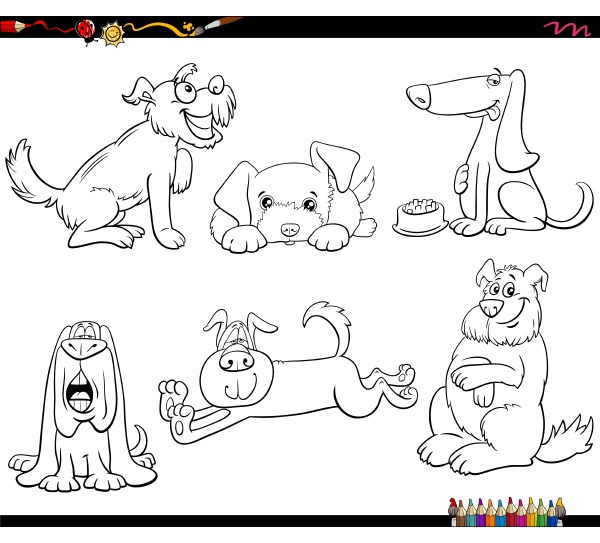 cartoon dogs animal characters set coloring book page - Royalty free ...