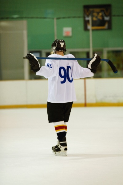 rear view of an ice hockey