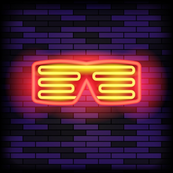 neon glasses on blue brick background