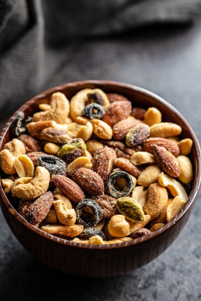mix of salted nuts in bowl
