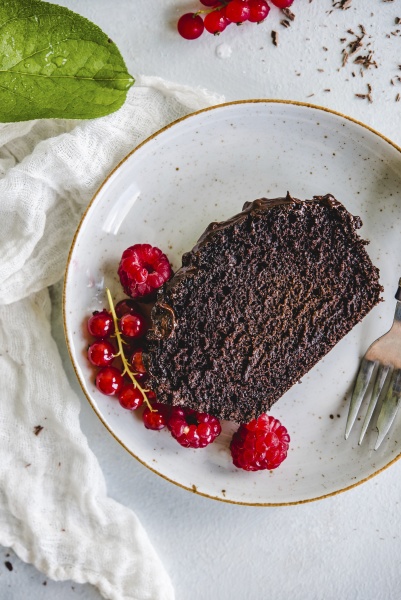 chocolate cake with fresh currants and
