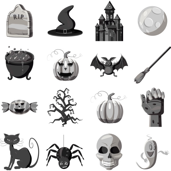 halloween icons set gray monochrome