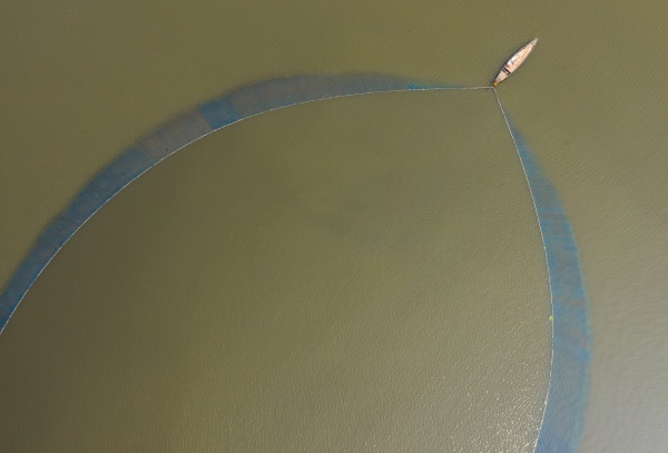 aerial view of two canoe fishing