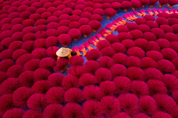 aerial view of incense workers sits