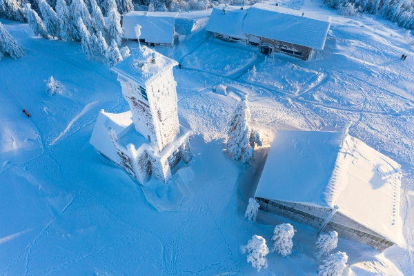 aerial view of a snowcovered tower