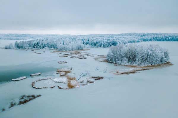 aerial view of frozen lake winter