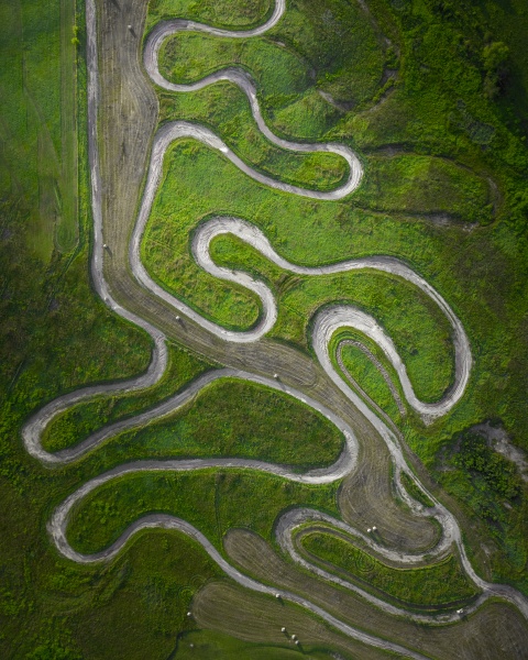 aerial view of the dirt road