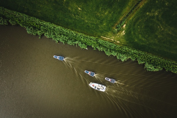 aerial view of solar panel boats