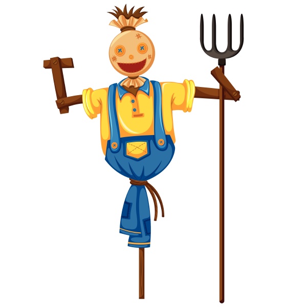scarecrow in farmer outfit holding fork