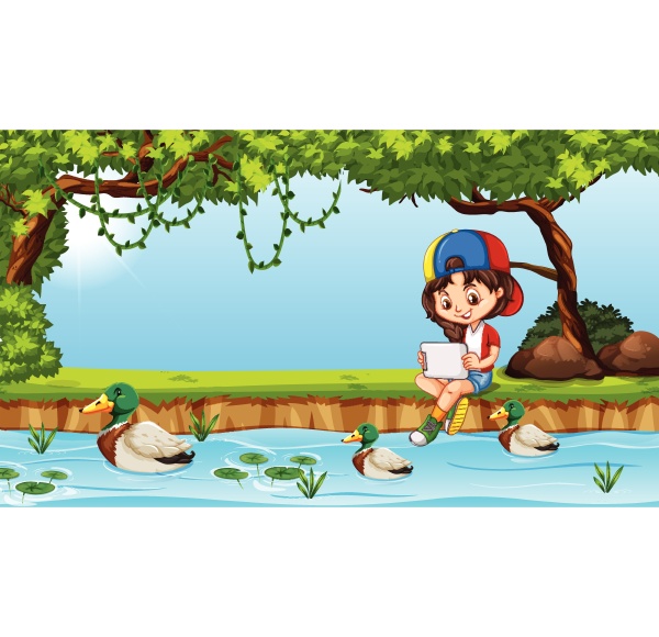 young girl on ipad near pond