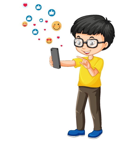 nerdy boy using smartphone with social